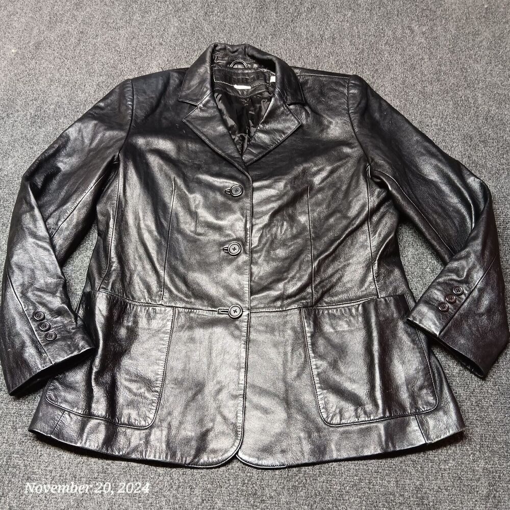 Tribal Brand Soft Leather Jacket Women 12 Black‎ Button Close